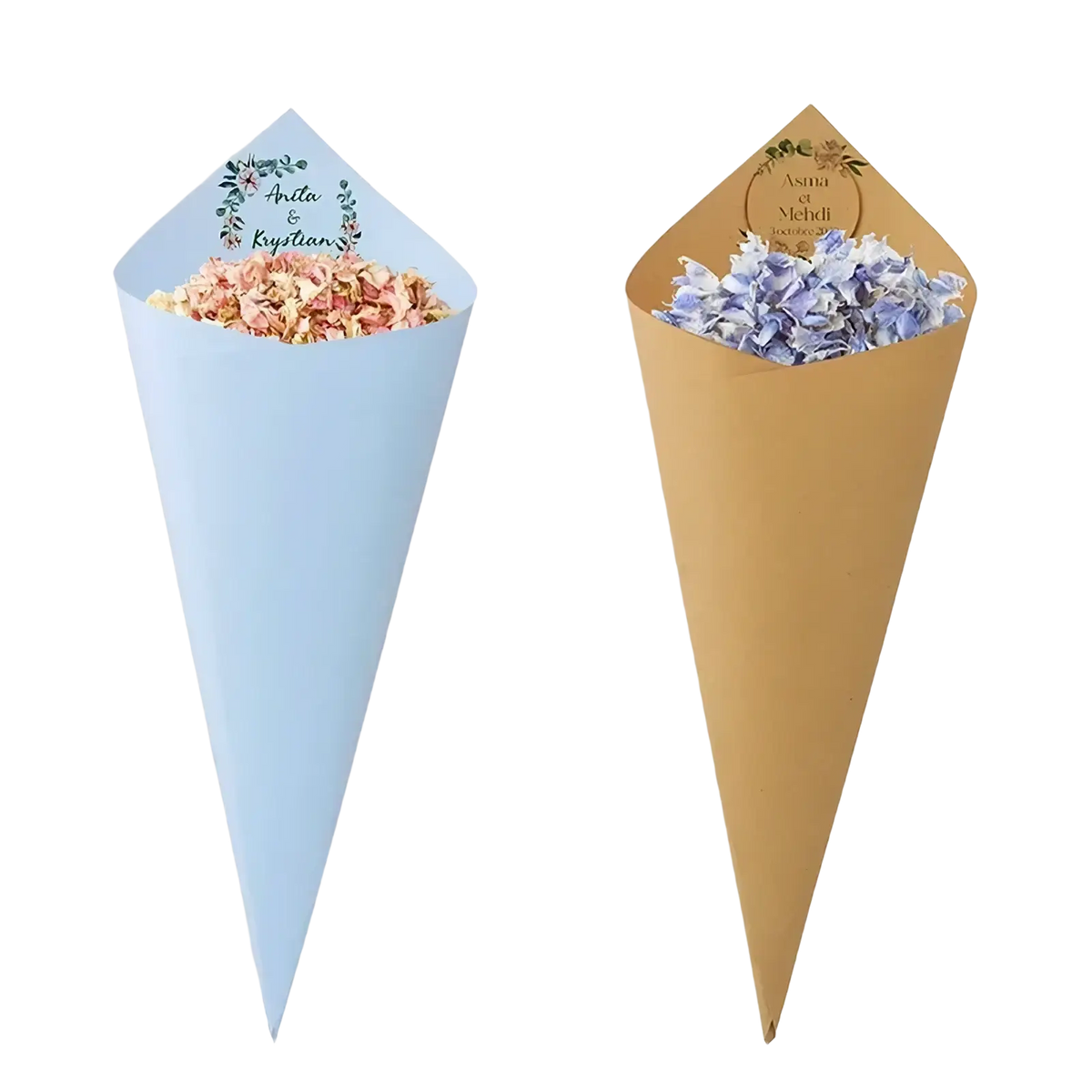 Personalized wedding confetti cones 30pcs in light blue and tan paper with floral wreath design and custom names