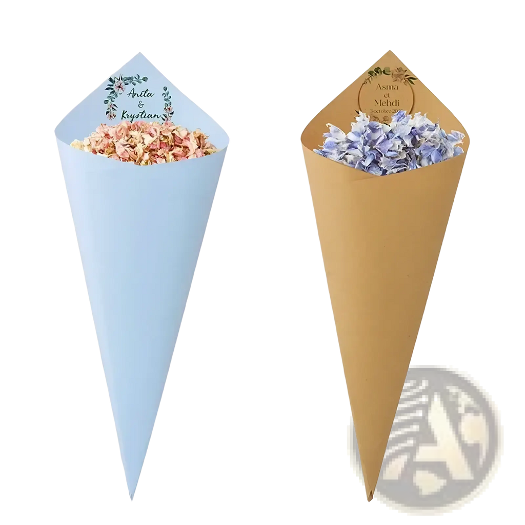 Personalized wedding confetti cones 30pcs in light blue and tan paper with floral wreath design and custom names