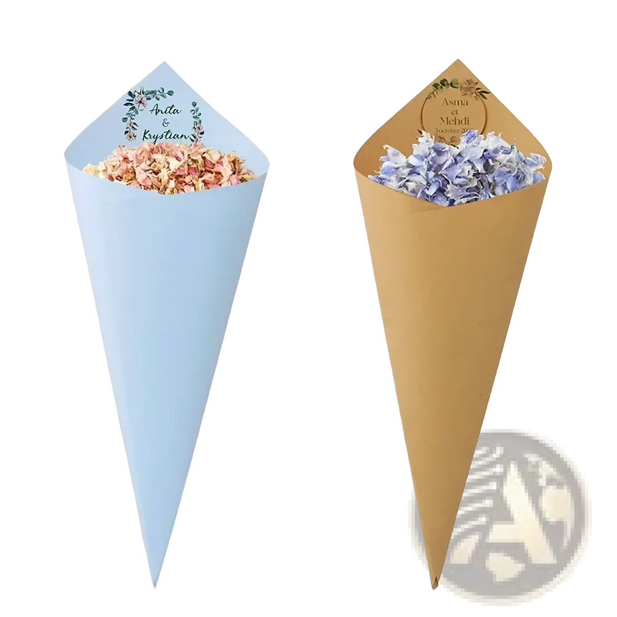 Personalized wedding confetti cones 30pcs in light blue and tan paper with floral wreath design and custom names