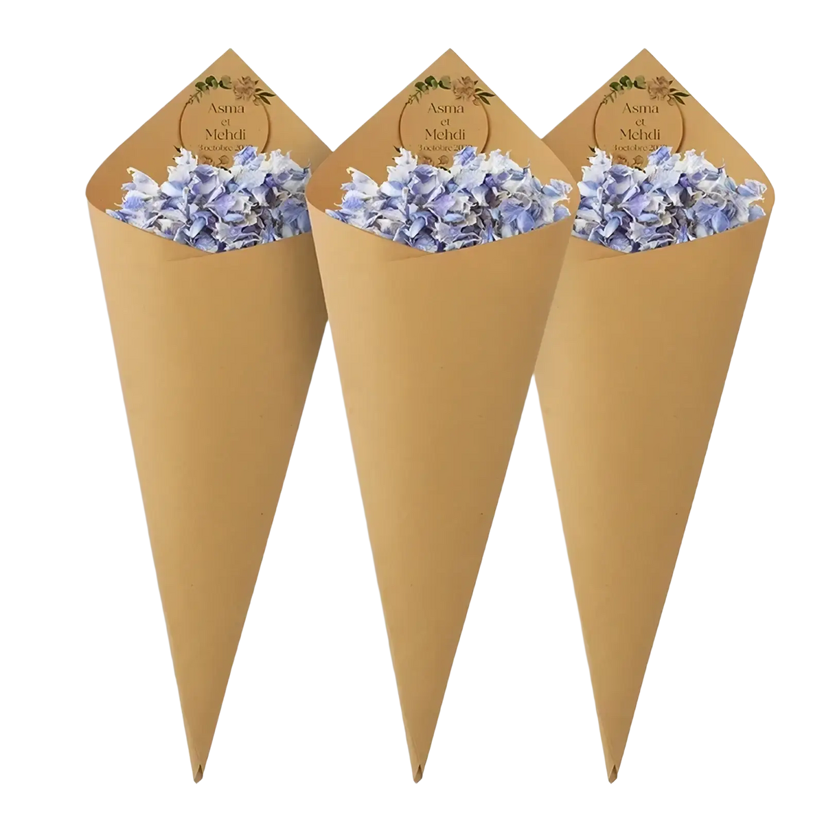 Three kraft paper personalized wedding confetti cones filled with light purple petals and floral label 30pcs set