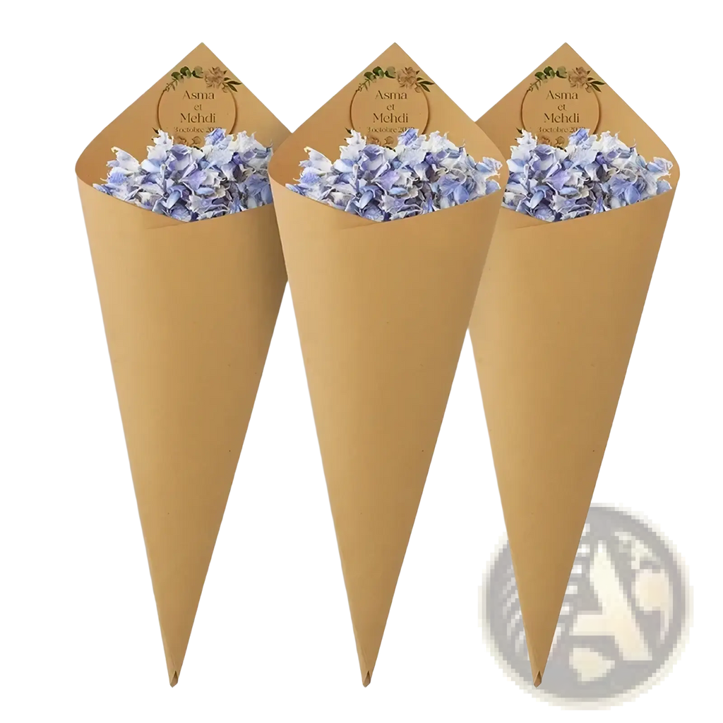 Three kraft paper personalized wedding confetti cones filled with light purple petals and floral label 30pcs set