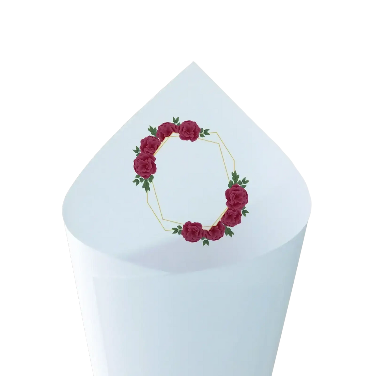 A white cylindrical candle with a decorative top of red roses and green leaves for personalized wedding confetti cones