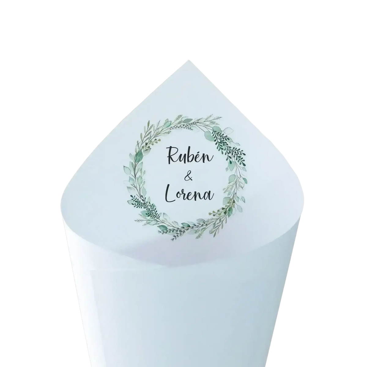 Personalized wedding confetti cones in white paper with green leaf wreath and rubén and lorena names in black script