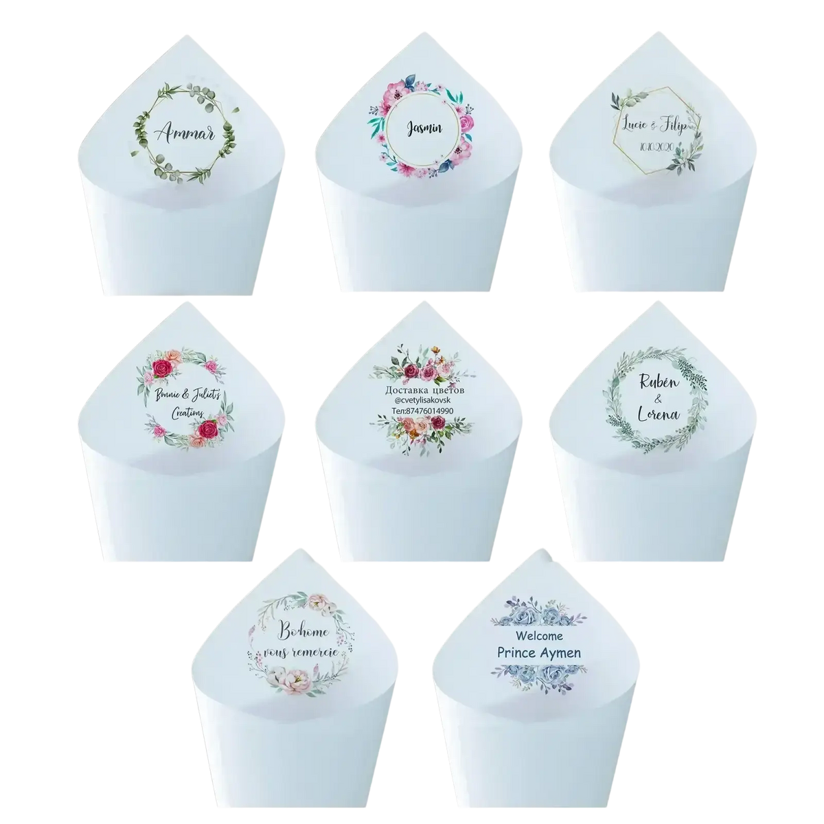 Personalized wedding confetti cones white paper envelopes with pastel floral wreath designs and custom names 30pcs