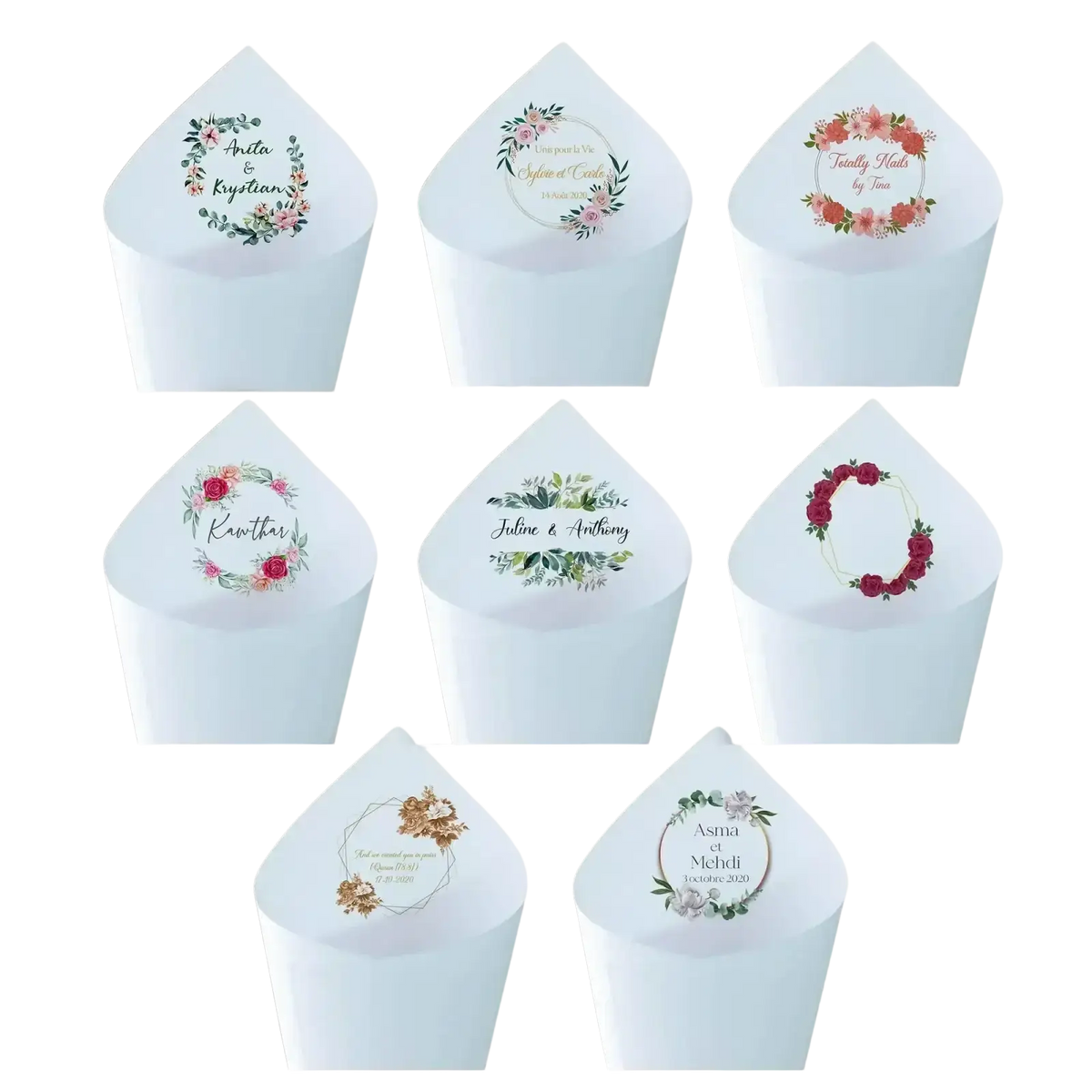 White paper personalized wedding confetti cones with floral wreath designs and custom names 30pcs set