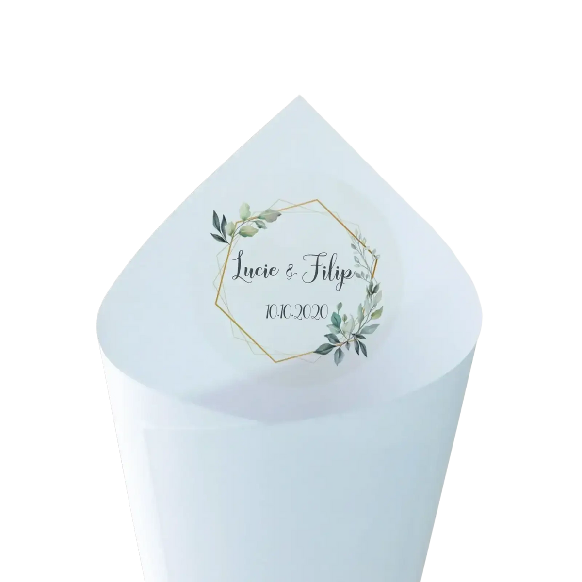Personalized wedding confetti cones white paper with gold hexagonal wreath and green foliage lucie and filip 10 10 2020
