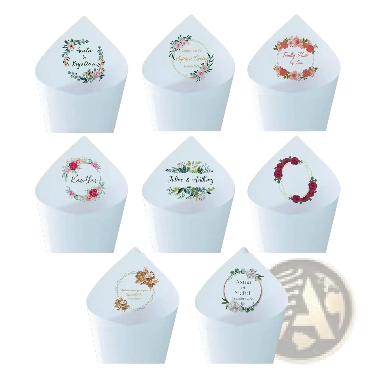 Personalized wedding confetti cones 30pcs in white paper with delicate pink red and gold floral wreath designs