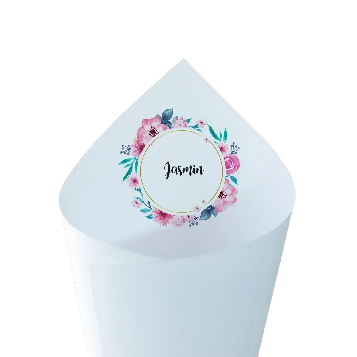 A white paper personalized wedding confetti bag with a pink and teal floral wreath and the name jasmin in black script