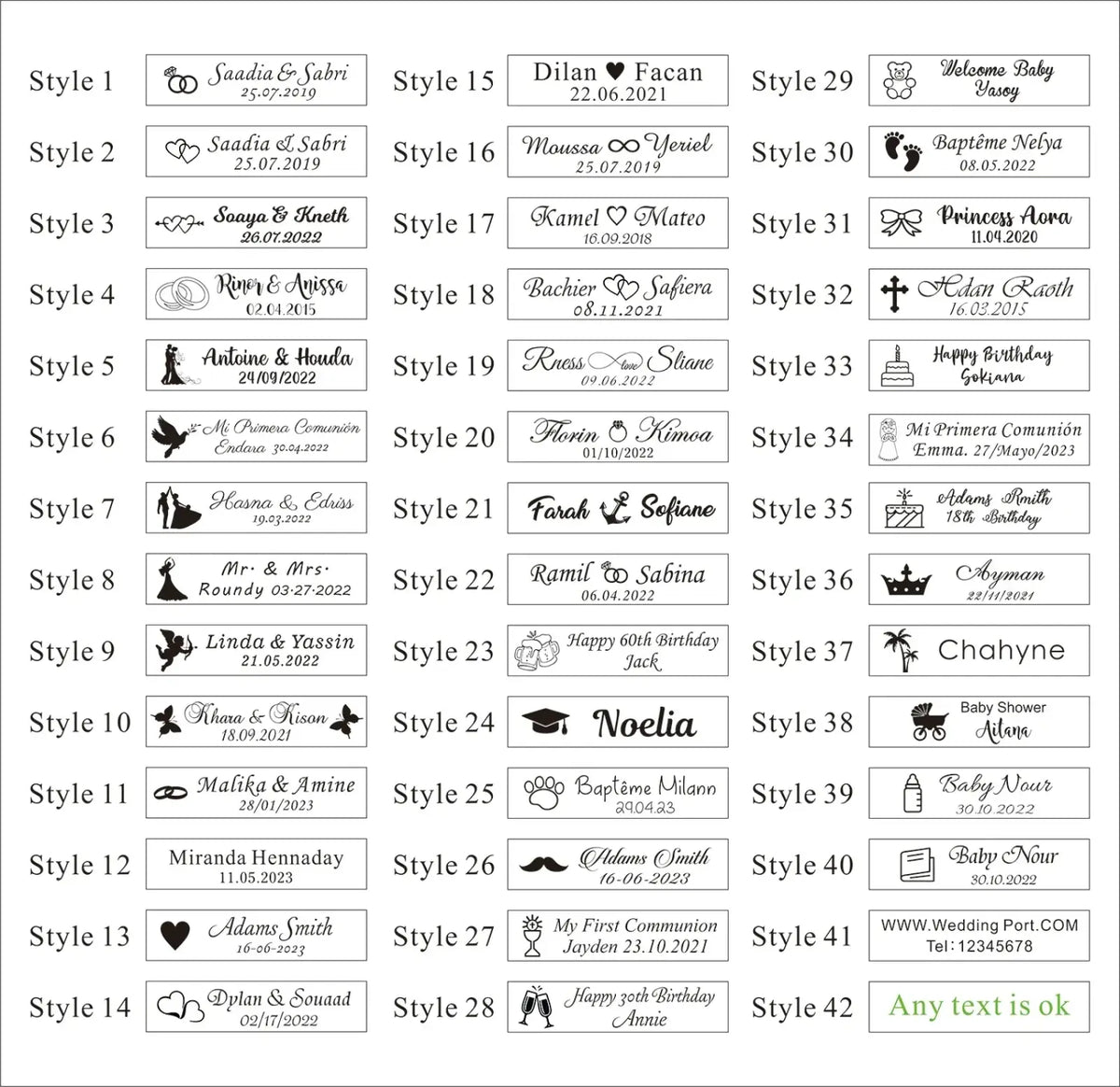 Set of 42 customizable white rectangular wedding baby shower and birthday labels with black ink for personalized gifts