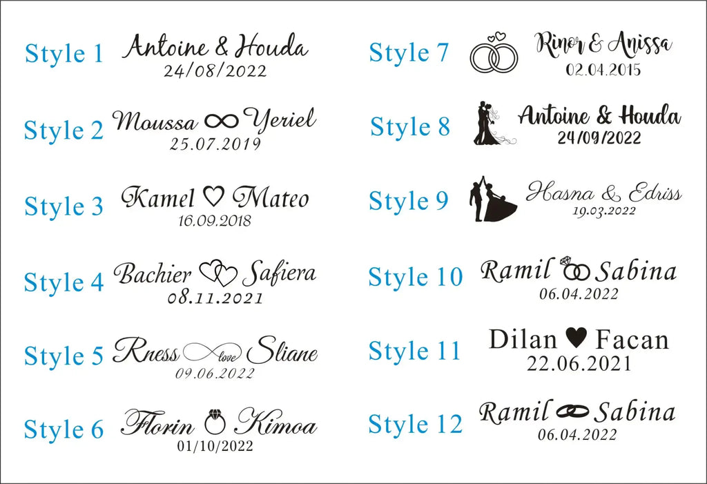 Customizable wedding date stamp designs with elegant black cursive script and romantic icons for personalized dress hangers
