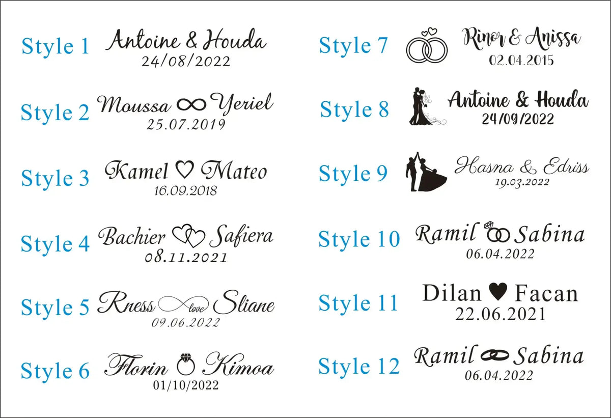 Customizable wedding date stamp designs with elegant black cursive script and romantic icons for personalized dress hangers