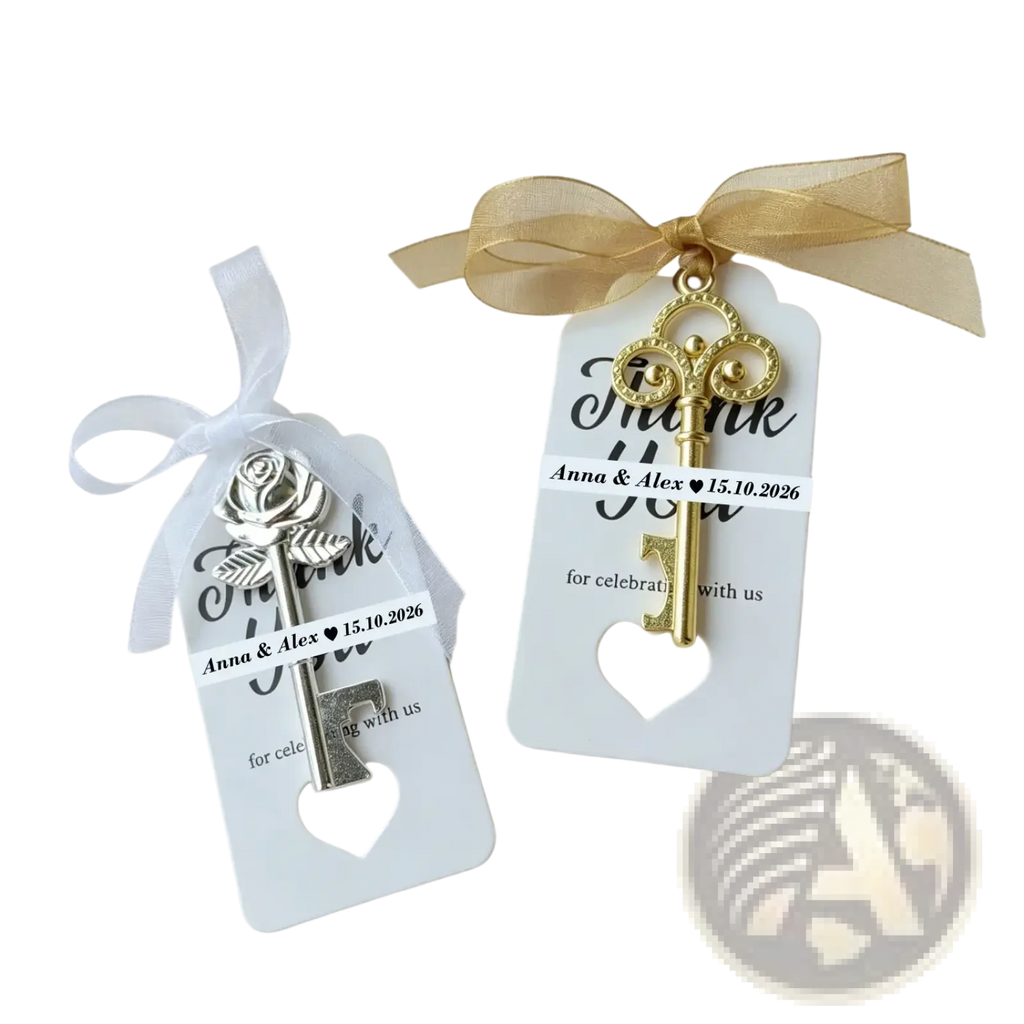 Silver rose key charm with intricate detailing and polished metallic finish tied to white ribbon for wedding favors
