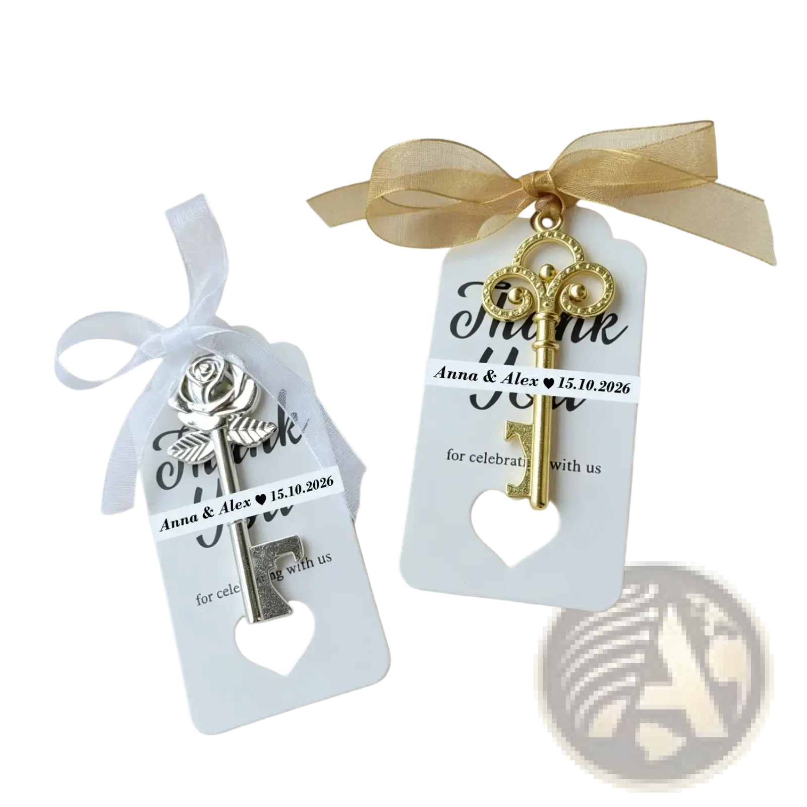 Silver rose key charm with intricate detailing and polished metallic finish tied to white ribbon for wedding favors