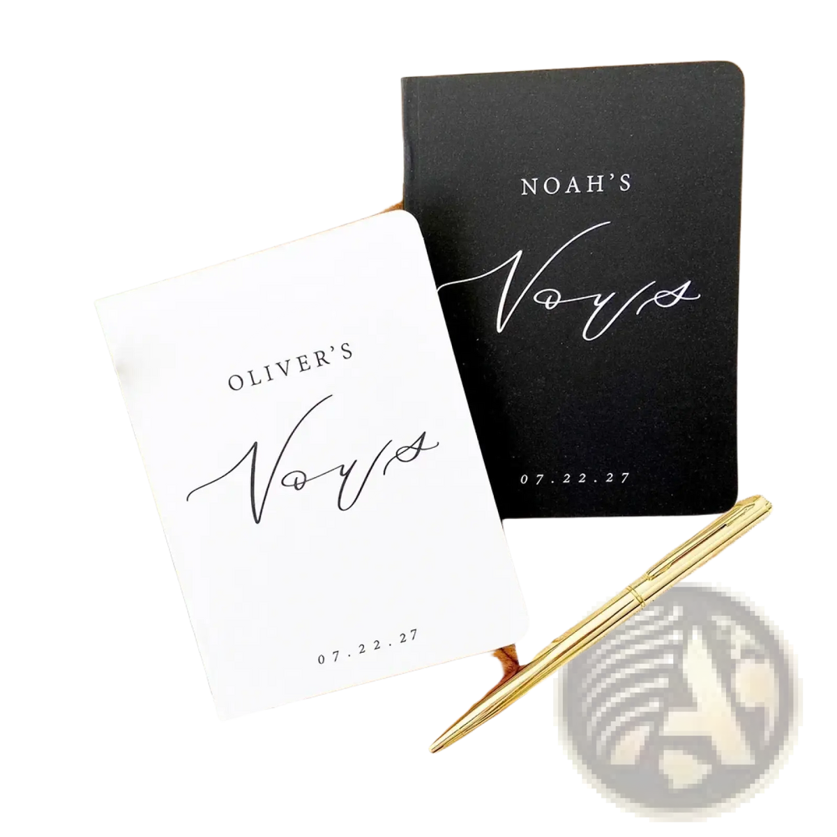 Personalized wedding vow books set in black and white with elegant cursive script on matte covers
