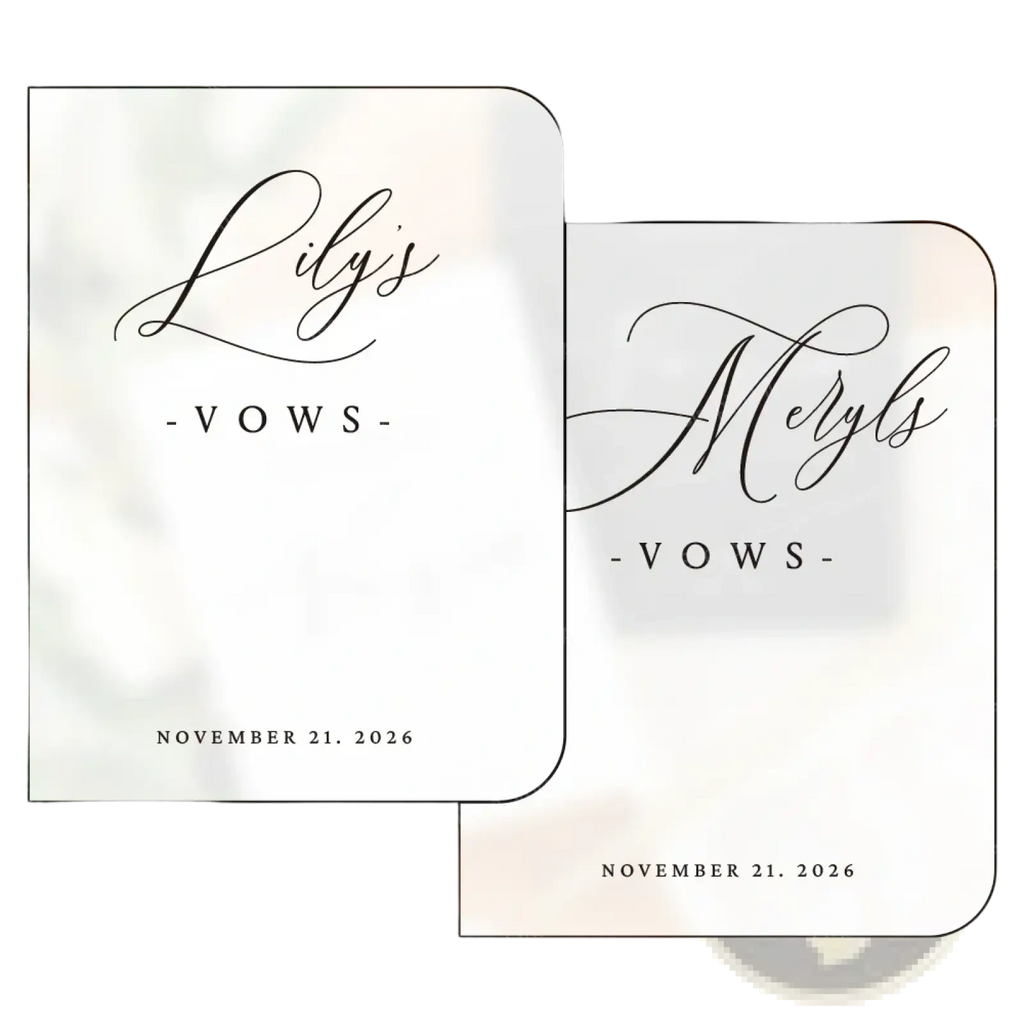 Elegant white personalized wedding vow books set featuring minimalist design and black cursive script on vow cards