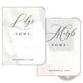 Elegant white personalized wedding vow books set featuring minimalist design and black cursive script on vow cards