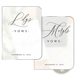 Elegant white personalized wedding vow books set featuring minimalist design and black cursive script on vow cards