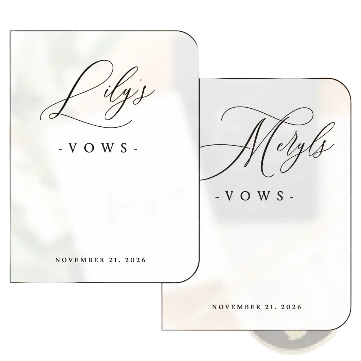 Elegant white personalized wedding vow books set featuring minimalist design and black cursive script on vow cards