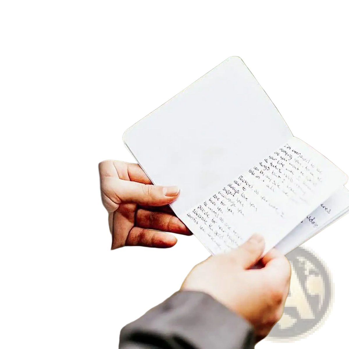 A person holds an open minimalist white personalized wedding vow book with handwritten notes on its pages