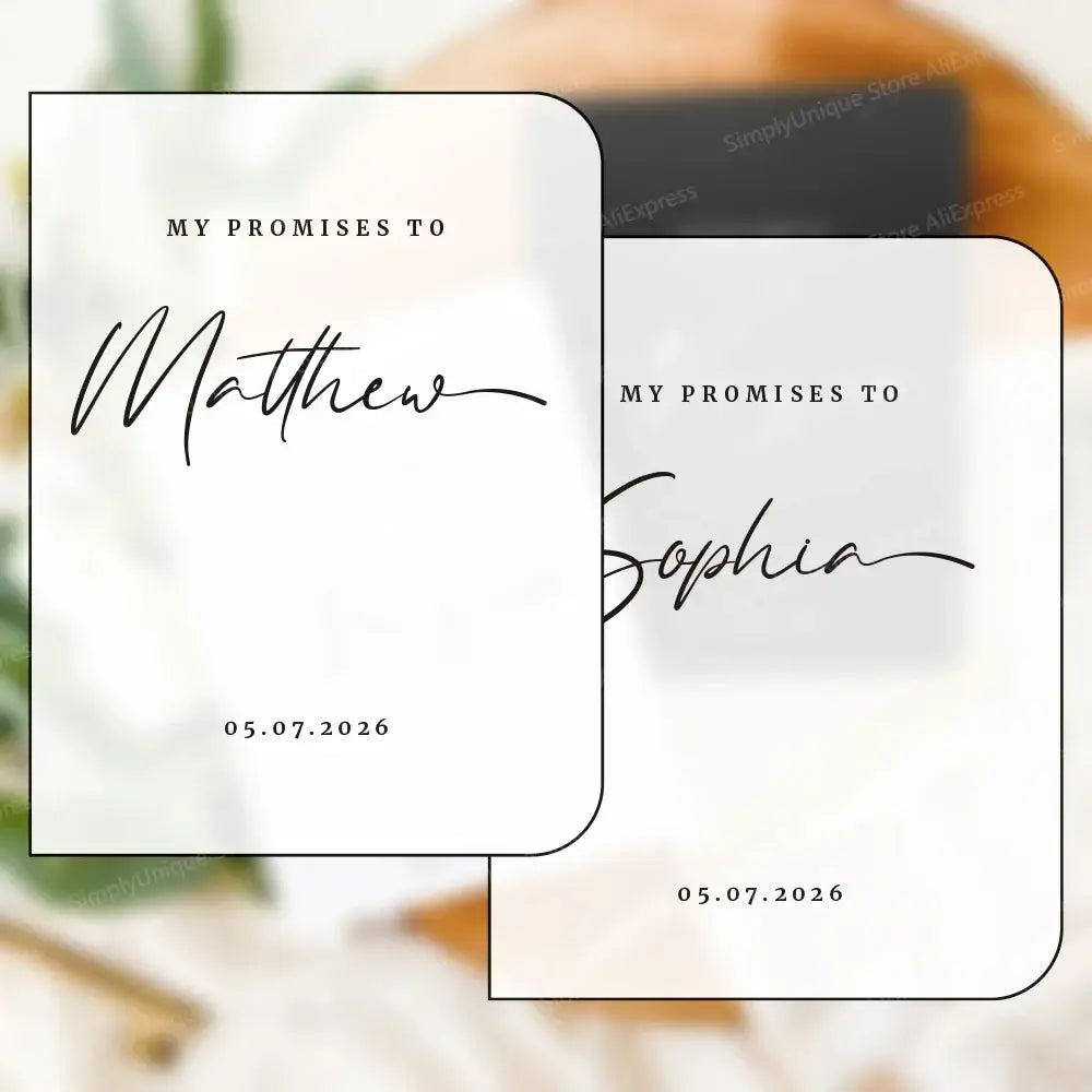 Personalized wedding vow books set featuring two minimalist white rectangular cards with black cursive script and custom names and date