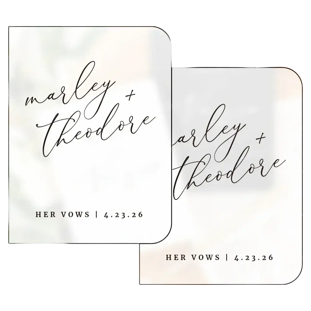 Personalized white wedding vow book set with black cursive script featuring names marley and theodore and vow date