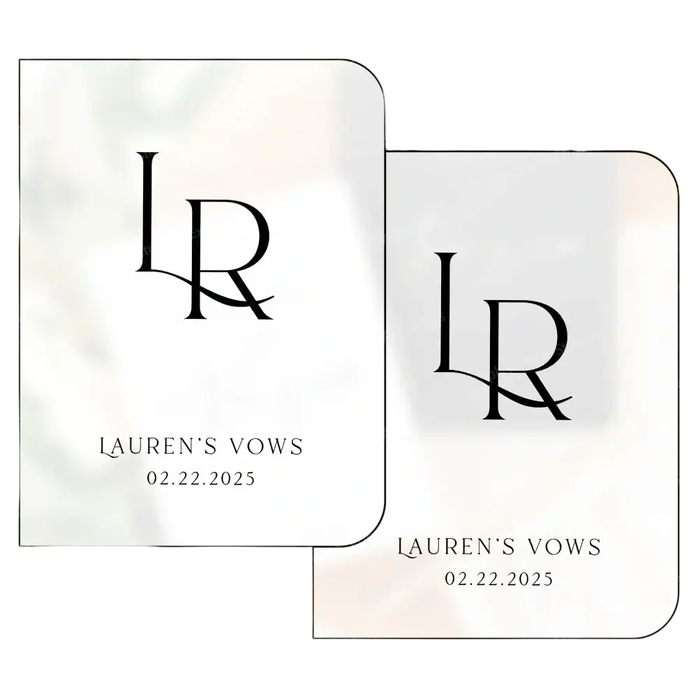 White rectangular personalized wedding vow books set with black lr monogram and laurens vows 02.22.2025 text