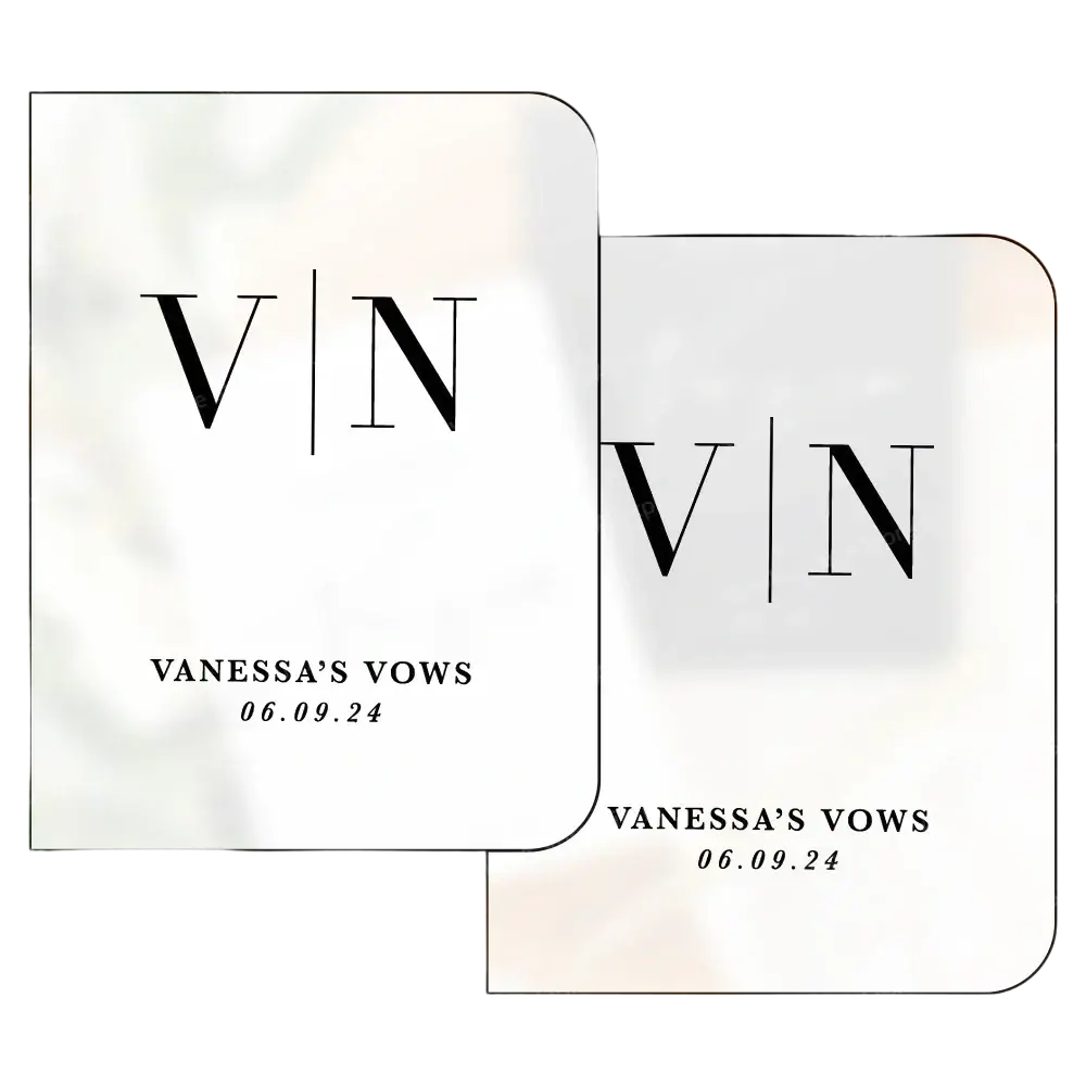 White square wedding vow card with black v|n monogram and personalized text for vanessas vows 06 09 24 in vow books set