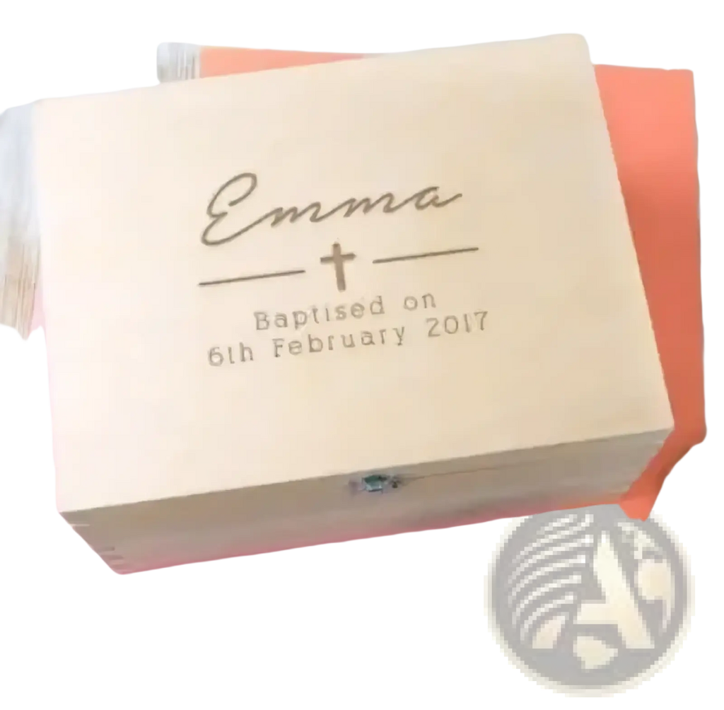 Light-colored wooden keepsake box engraved with name and baptism date for personalized baptism gift