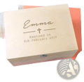 Light-colored wooden keepsake box engraved with name and baptism date for personalized baptism gift