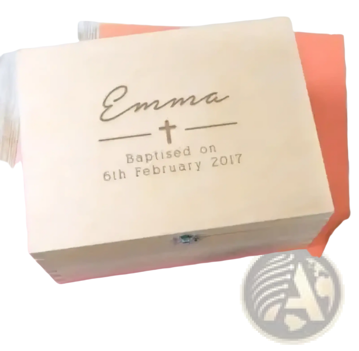 Light-colored wooden keepsake box engraved with name and baptism date for personalized baptism gift