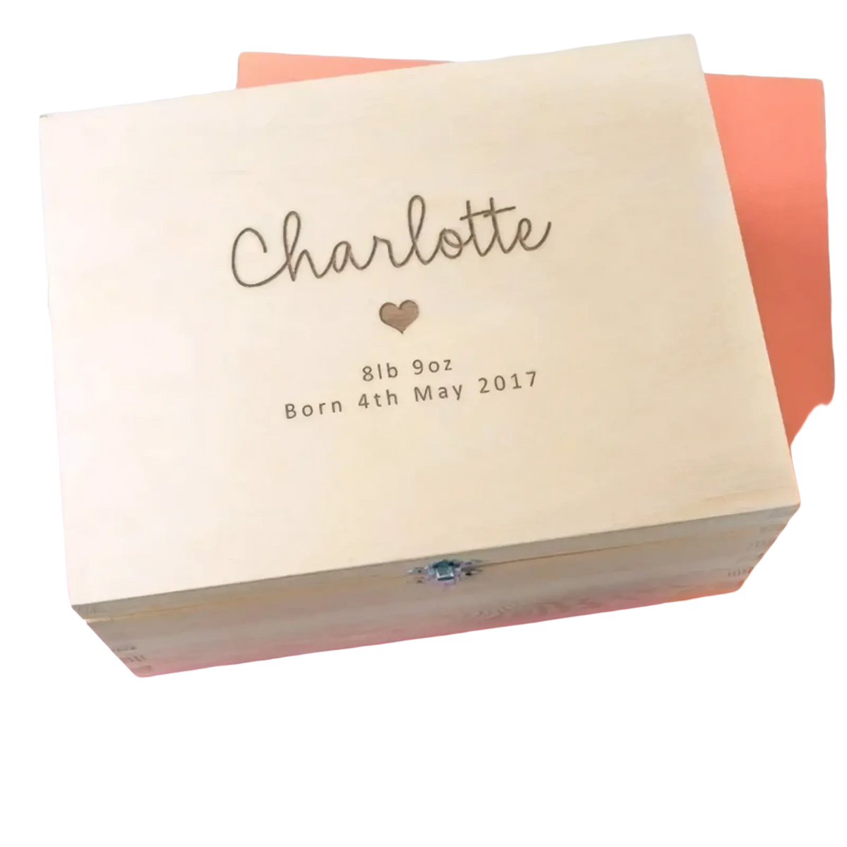 Light-colored wooden personalized baptism keepsake box with engraved name charlotte heart and birth details