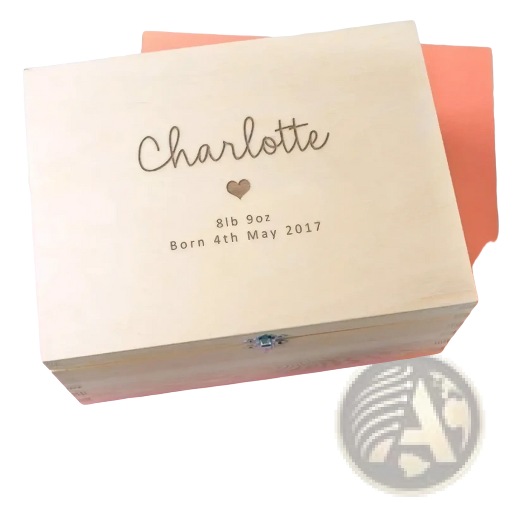 Light-colored wooden personalized baptism keepsake box with engraved name charlotte heart and birth details