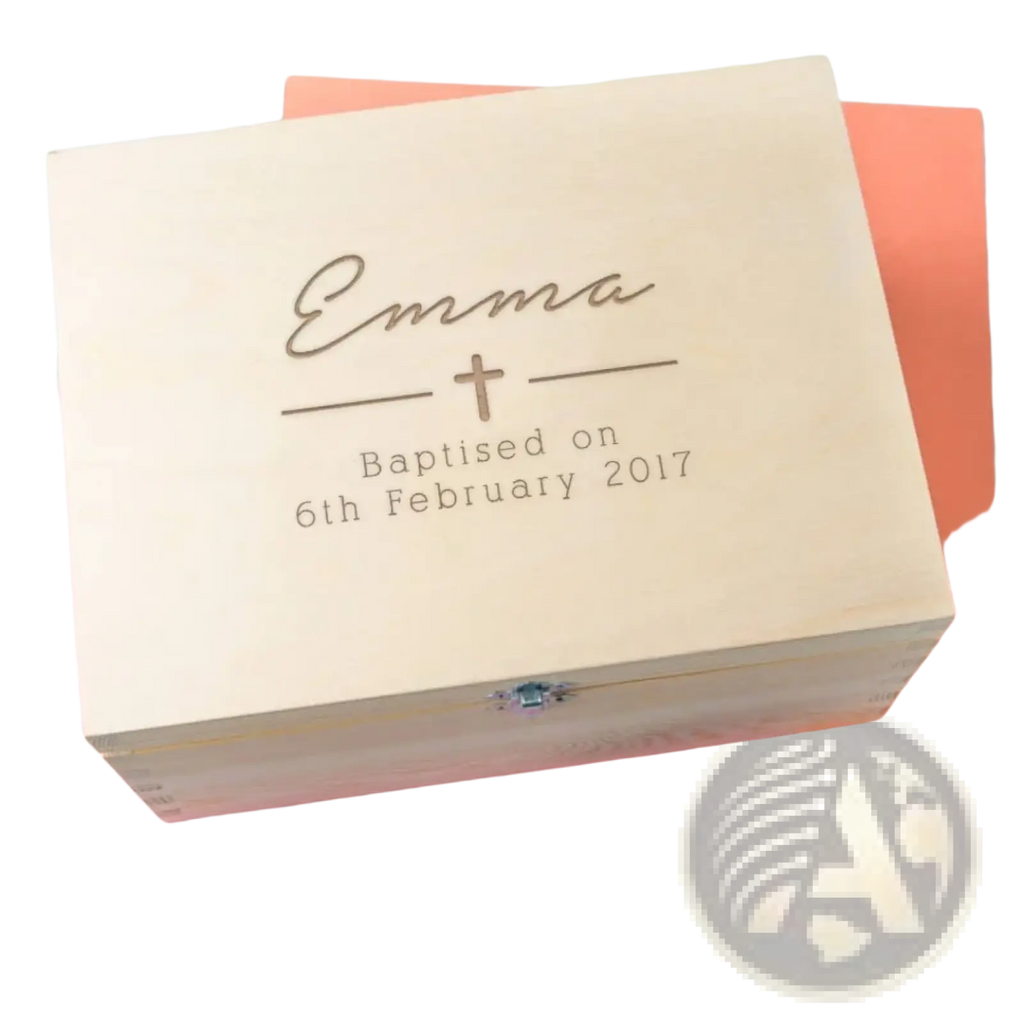 Light-colored wooden baptism keepsake box engraved with name emma cross and date baptised on 6th February 2017