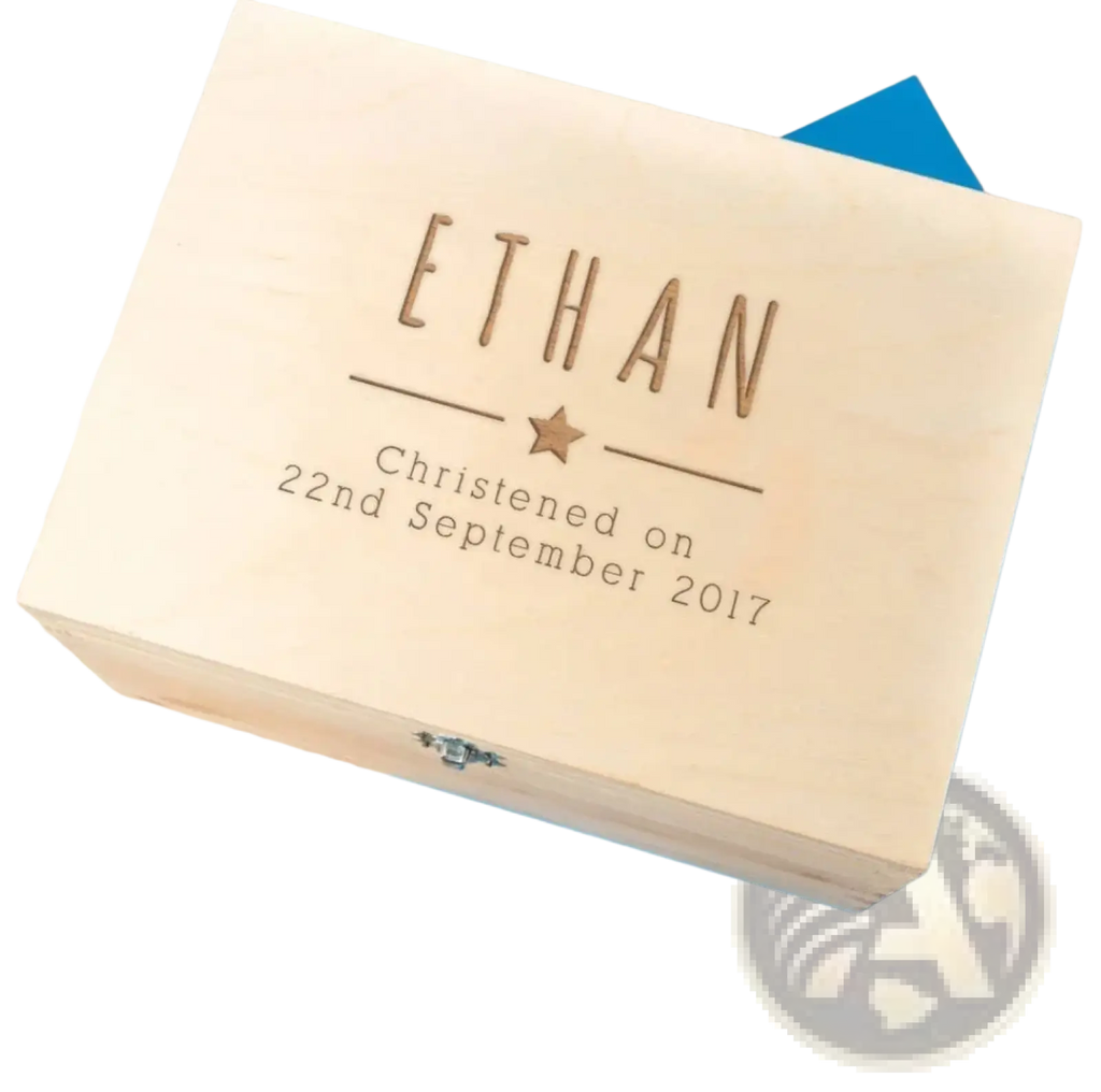 Personalized light wooden baptism keepsake box with engraved name ethan date and star detail on the lid