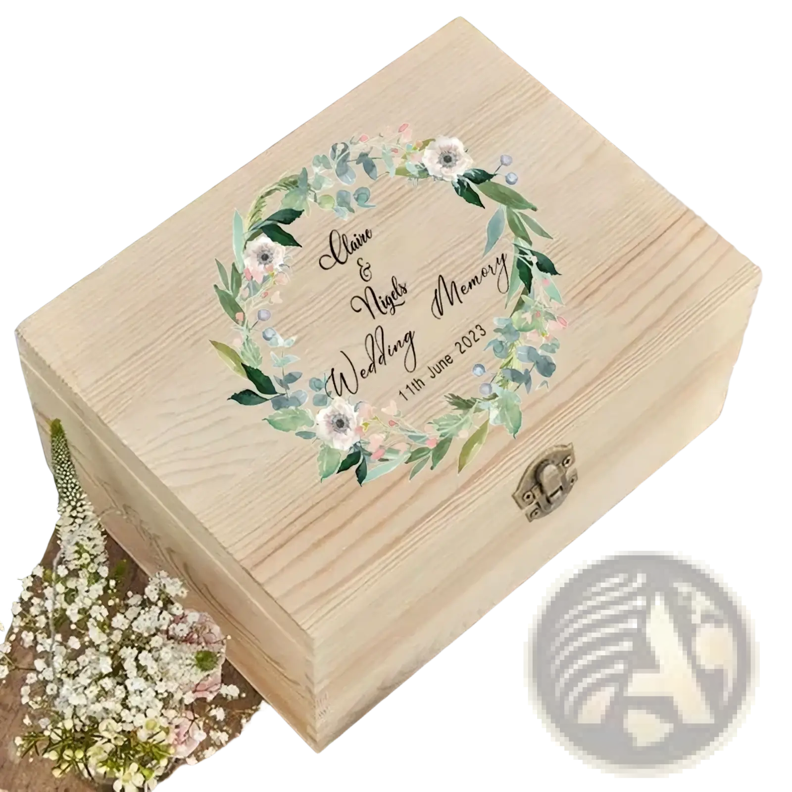 Personalized wooden floral wedding memory box in light natural wood with engraved names and delicate wreath design