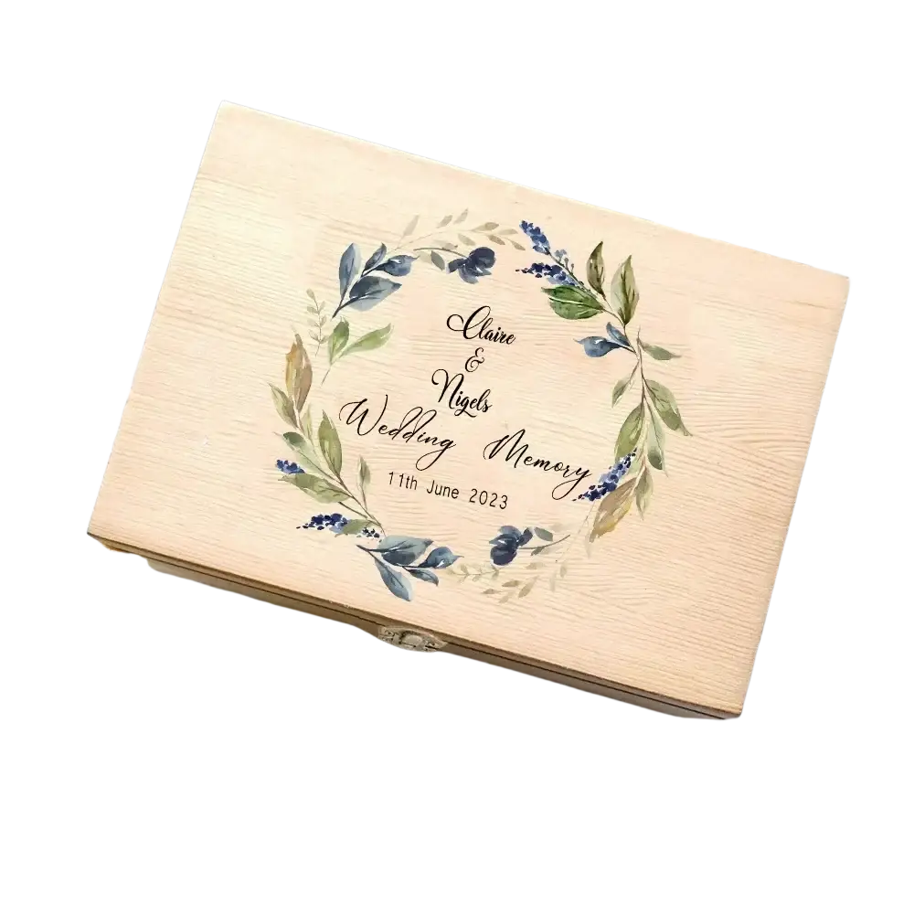 Personalized wooden floral wedding memory box in light wood with painted floral wreath and custom engraving