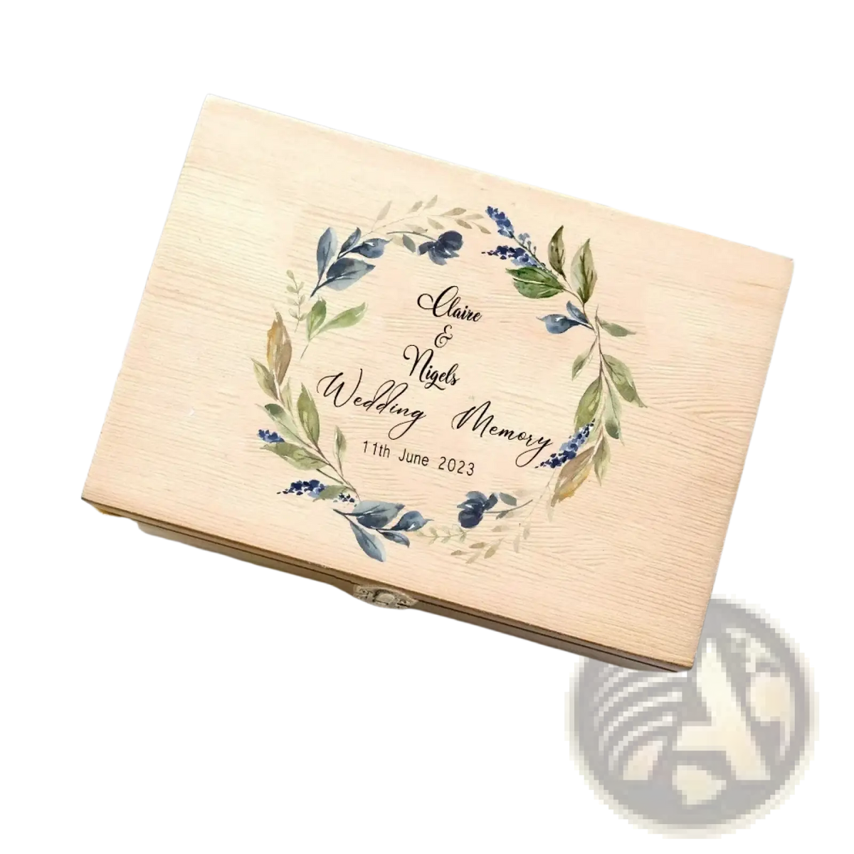 Personalized wooden floral wedding memory box in light wood with painted floral wreath and custom engraving