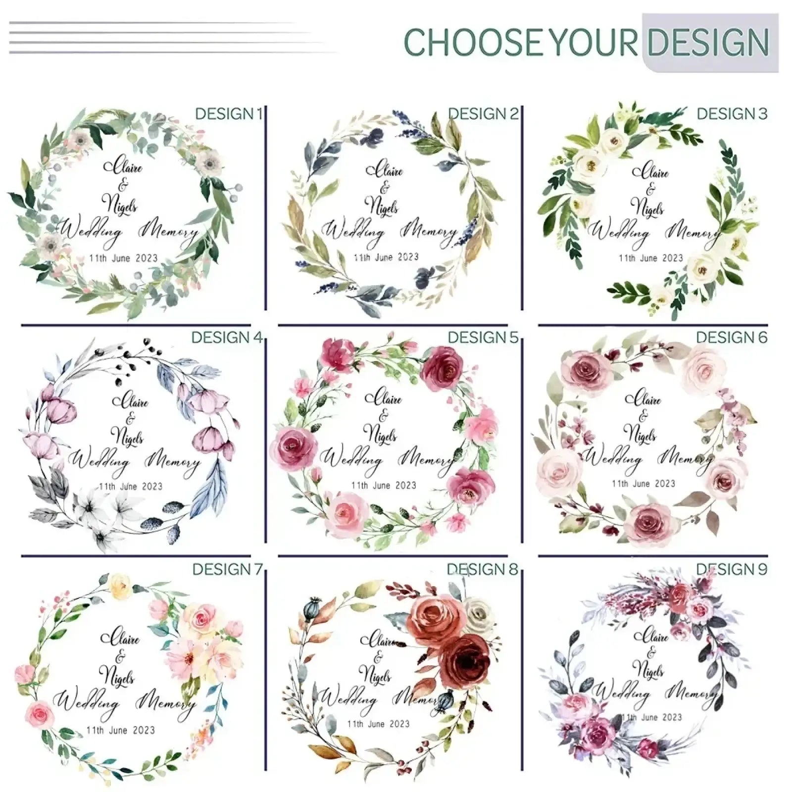 Personalized wooden floral wedding memory box with nine watercolor rose wreath designs and leaves for keepsakes