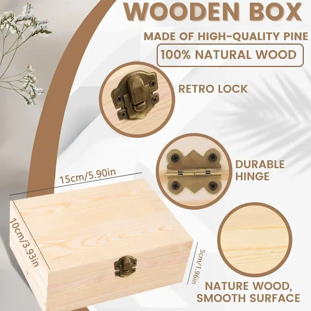 Personalized wooden floral wedding memory box with natural pine finish vintage brass lock and metal hinges