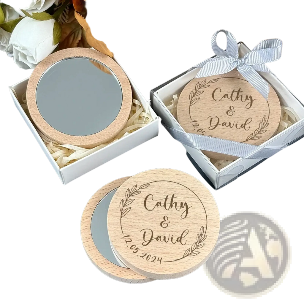 Personalized wooden pocket mirror with engraved names and date natural wood finish and silver toned reflective surface