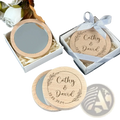 Personalized wooden pocket mirror with engraved names and date natural wood finish and silver toned reflective surface