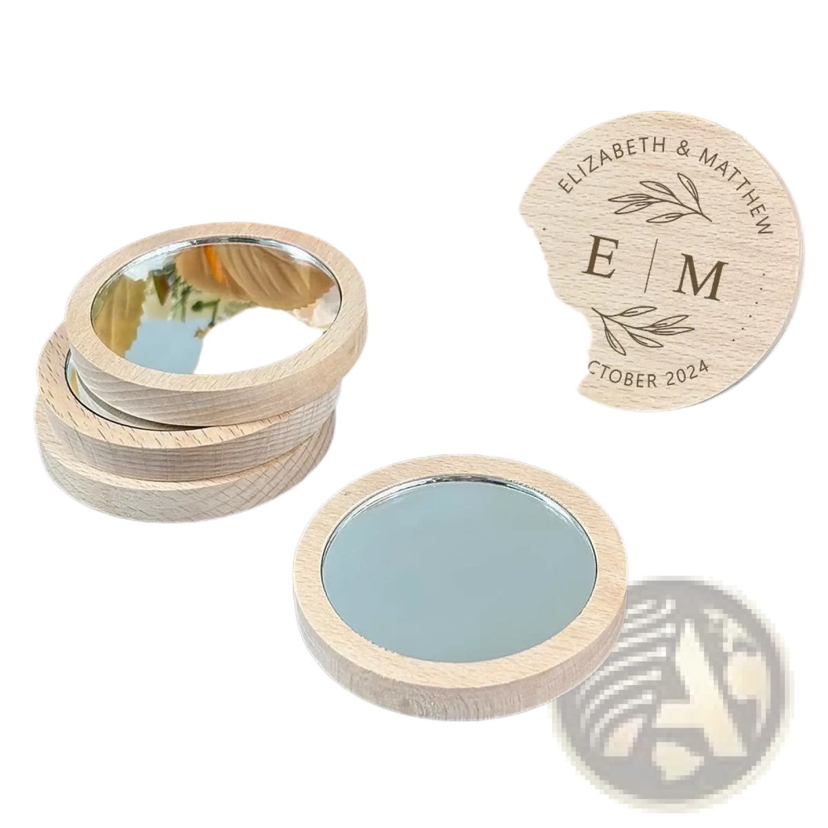 Personalized wooden pocket mirror wedding favor with light wood finish smooth polished surface and engraved details