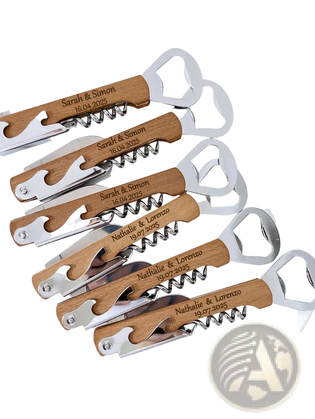 Personalized wooden wedding corkscrew favors with silver metal components and engraved names and dates