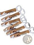 Personalized wooden wedding corkscrew favors with silver metal components and engraved names and dates