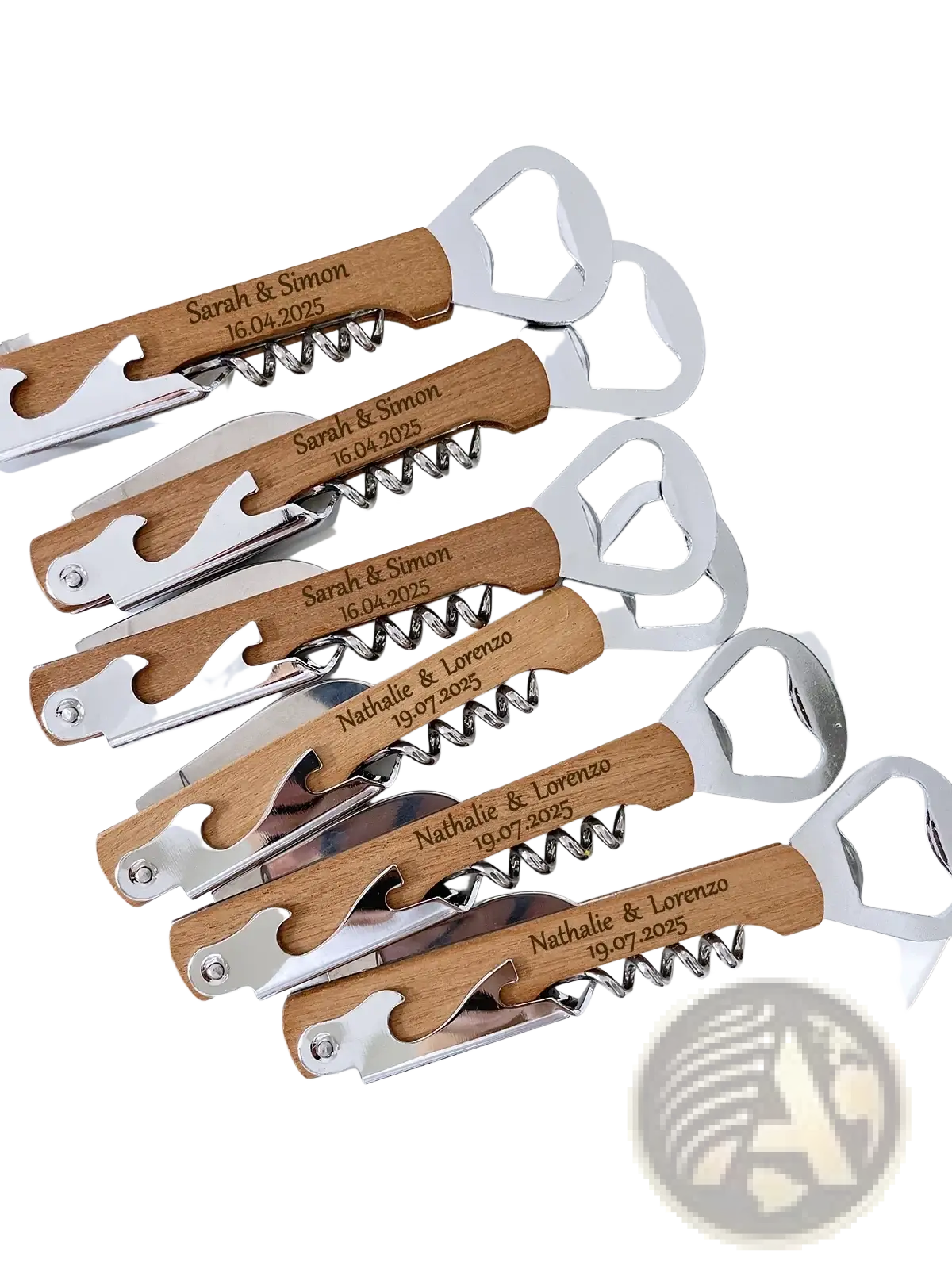 Personalized wooden wedding corkscrew favors with silver metal components and engraved names and dates
