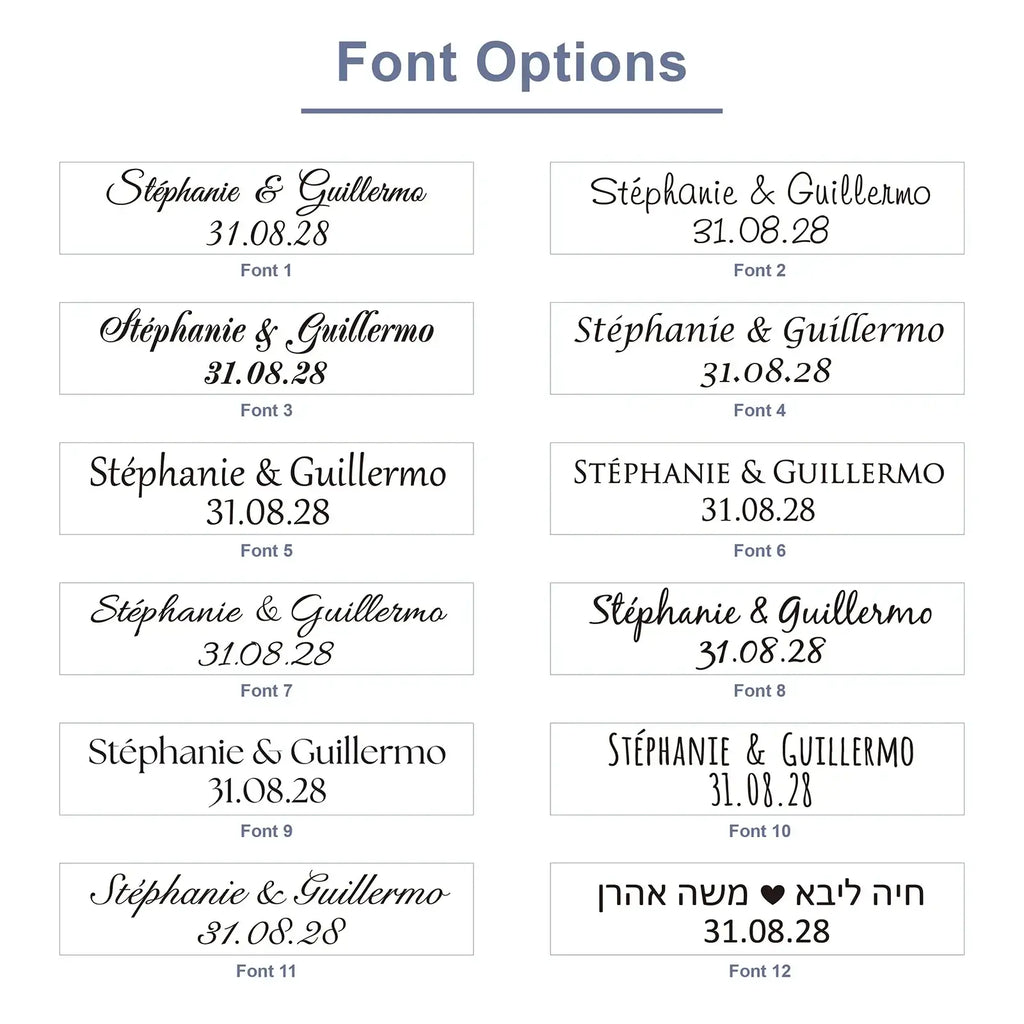 A collection of elegant customizable font styles for personalized engraving on wooden wedding corkscrew favors