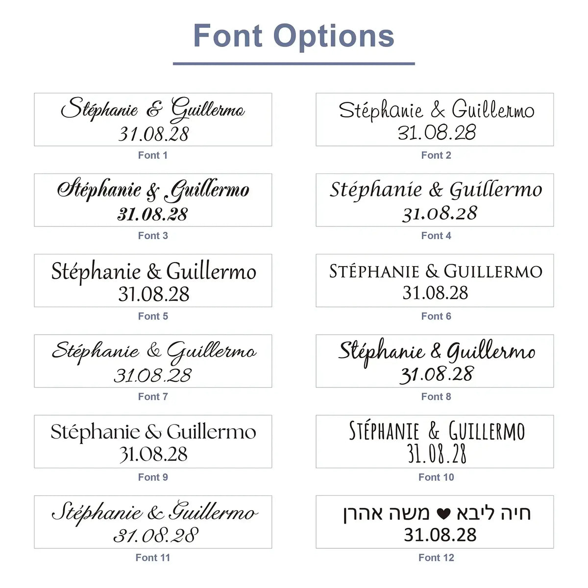 A collection of elegant customizable font styles for personalized engraving on wooden wedding corkscrew favors