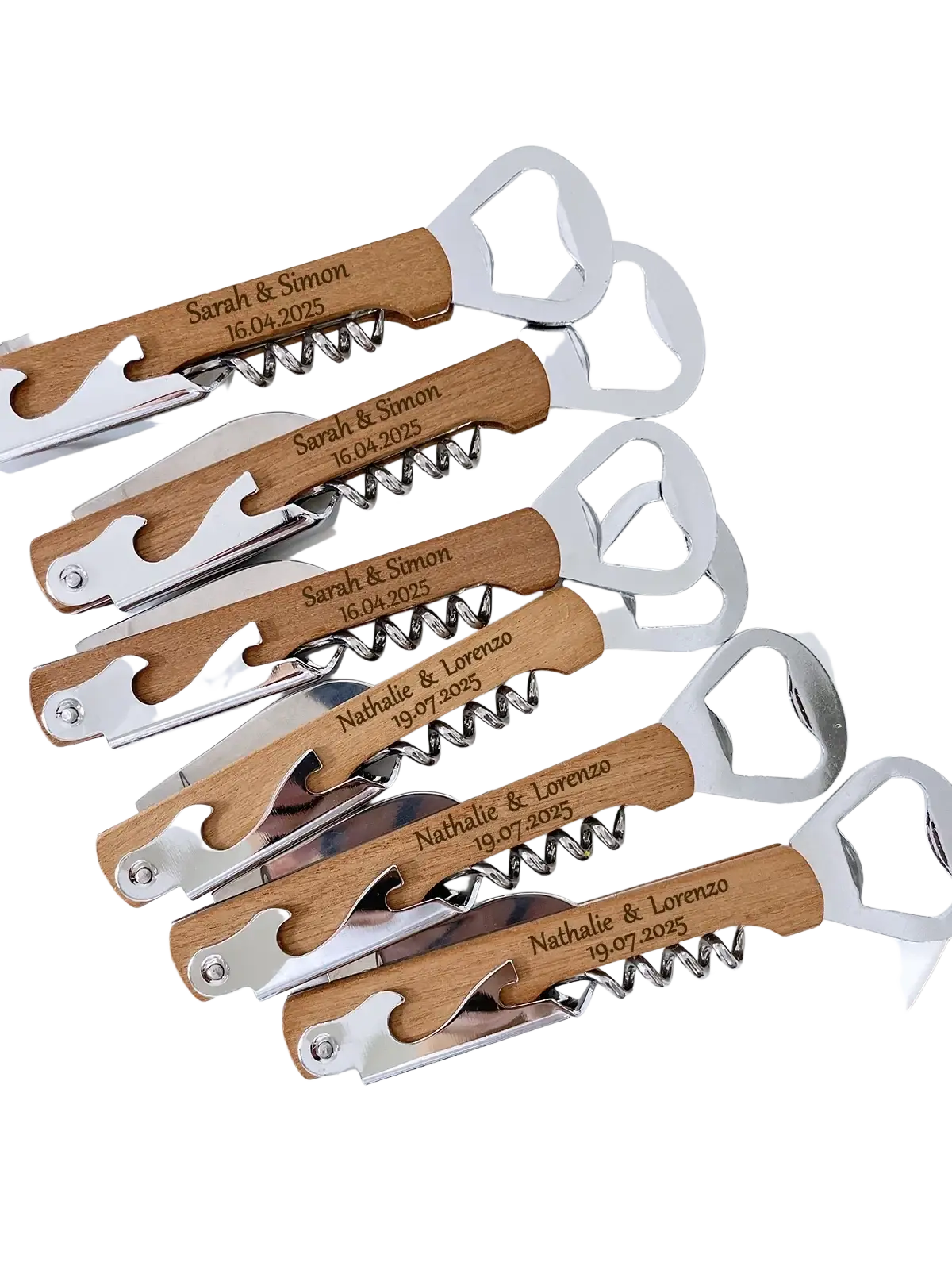 Personalized wooden wedding corkscrew favors with silver metal components and engraved names and dates