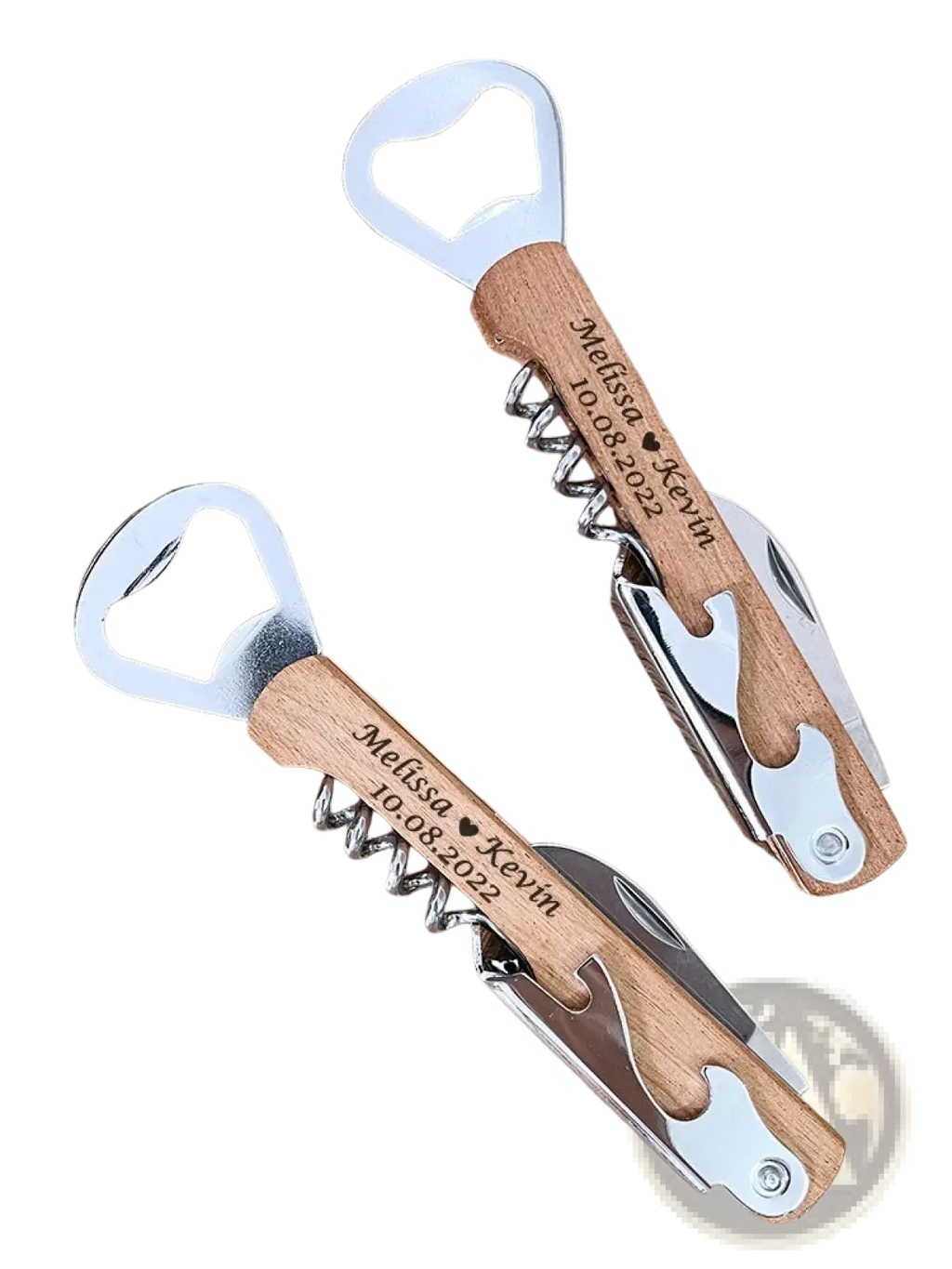 Personalized wooden-handled multi-tool bottle openers with engraved names and date for wedding corkscrew favors