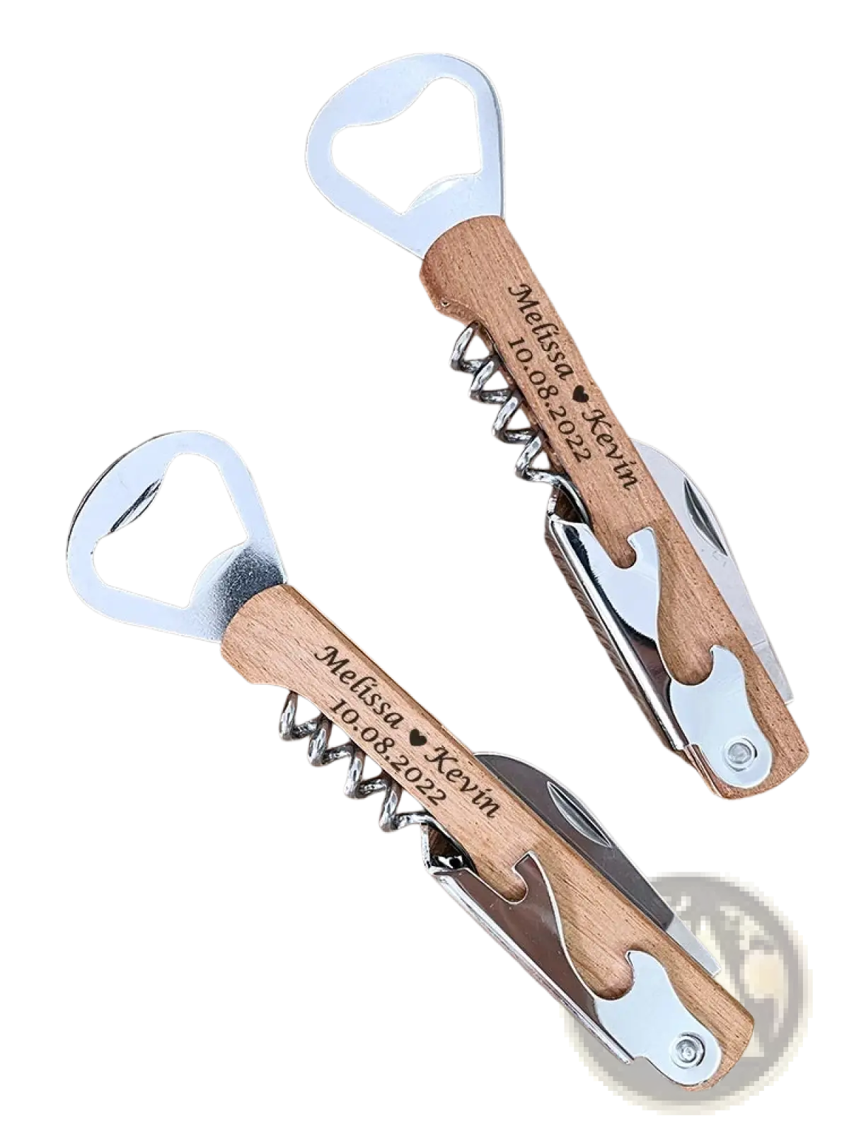 Personalized wooden-handled multi-tool bottle openers with engraved names and date for wedding corkscrew favors